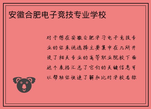 安徽合肥电子竞技专业学校